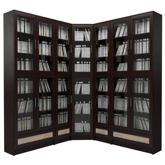 Угловой стеллаж для книг со стеклянными дверцами