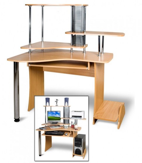 Угловой компактный стол для компьютера с полками для монитора